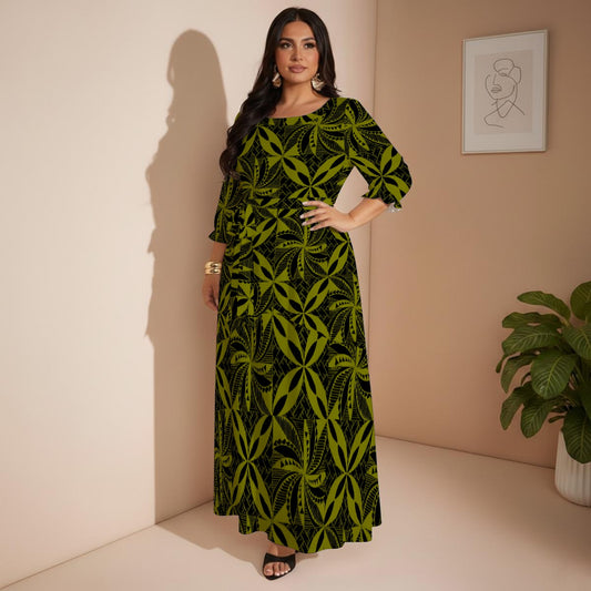 Tapa Maxi Dress with Belt Green